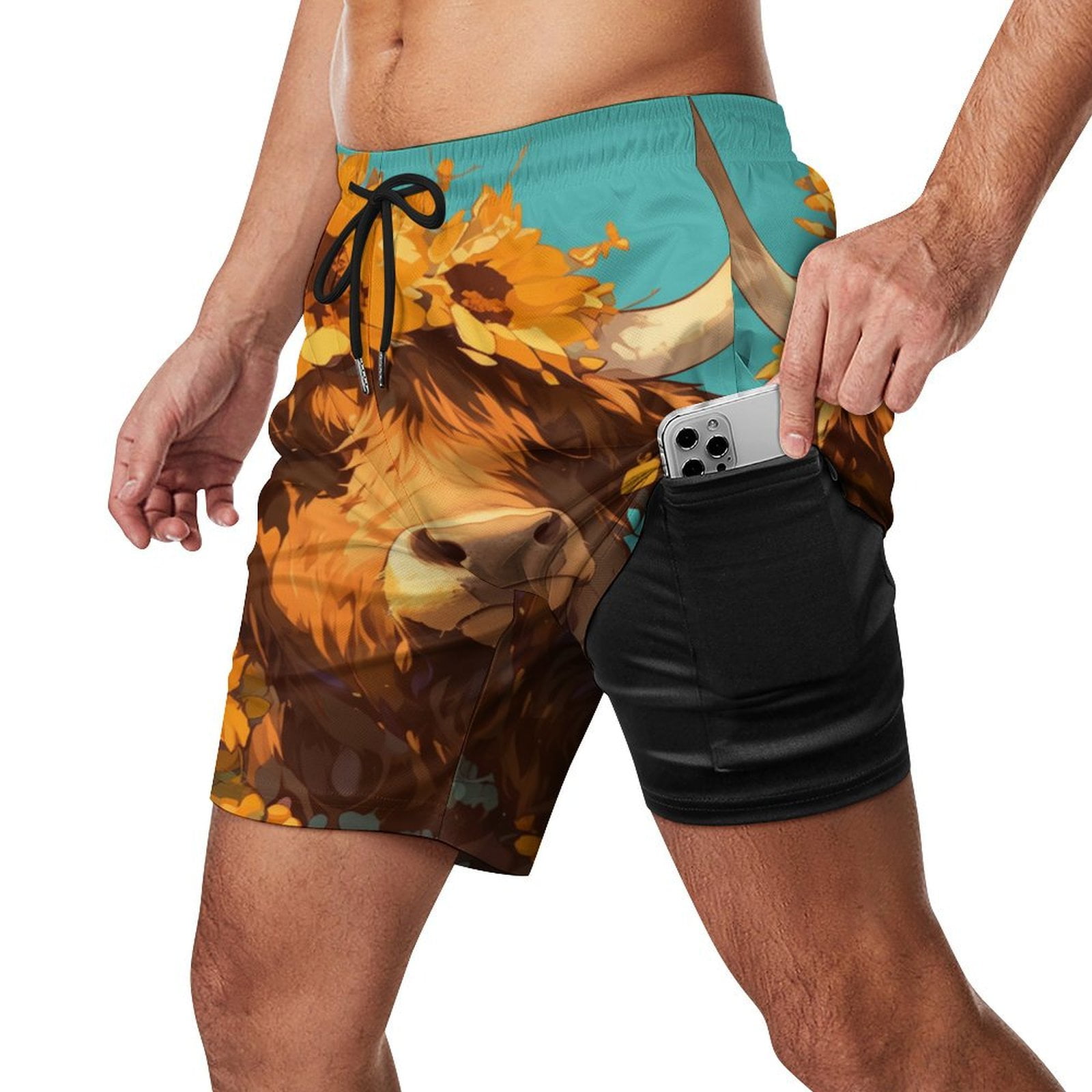Highland Cow with Sunflowers Quick Dry Swimming Shorts For Men Swimwear ...