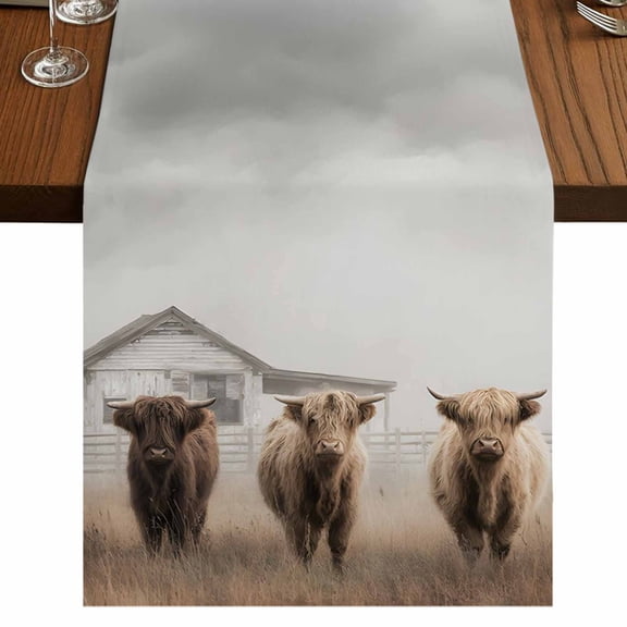 Highland Cows Burlap Cotton Table Runner 13x48 Inches Long, Farmhouse Animals Barn Fence Retro Farmhouse Table Runners, Outdoor Dining Table Decor for Baby Shower/Party/Wedding