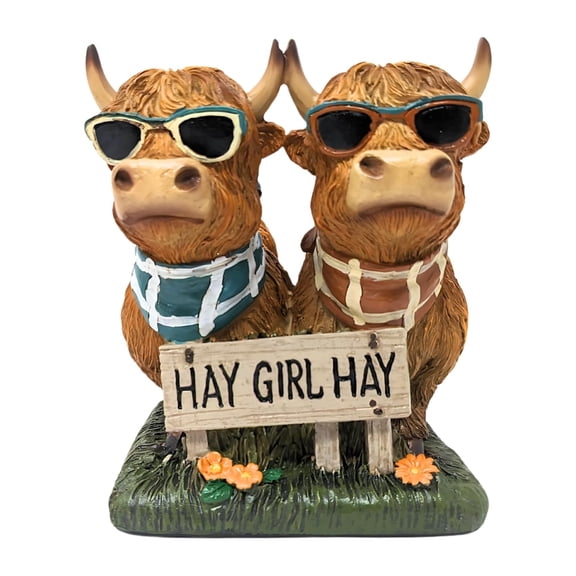 Highland Cows Figurine with "Hay Girl Hay" Sign – Cute Cow Decor with Sunglasses & Scarves – Rustic Tabletop Accent for Home, Office, or Farmhouse – Fun Gift for Animal Lovers & Farmers