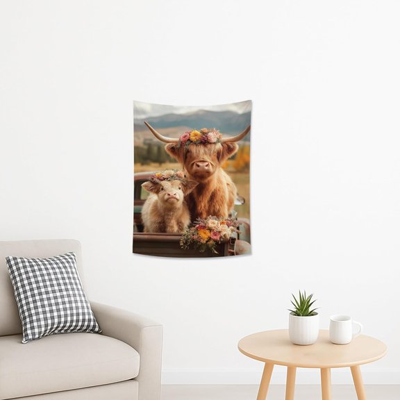 Highland Cows Floral Tapestry, Orange Brown Farmhouse Wall Hanging, Rustic Decor for Living Room, Bedroom, Dorm, Cozy Aesthetic 30x40 Inch