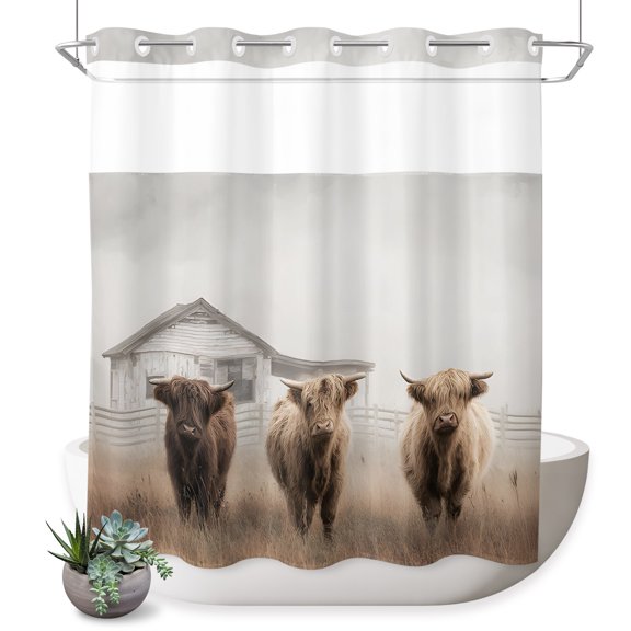 Highland Cows No Hook Shower Curtain Retro Farmhouse Animals Fence Barn Shower Curtain with See Through Top Window, Waterproof Washable Fabric Curtain for Bathroom Hotel Decor, 72Wx72L