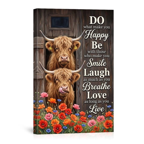 Highland Cows In Barn Door With Inspirational Quote Love Laugh Live Canvas
