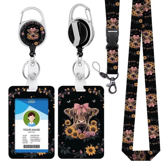Highland Cows Lanyards with ID Holder Cute Pink Bow Floral Cows ID Badge Holder with Breakaway Adjustable Lanyard Retractable Badge Reel for Women Office Teacher Student Nurse