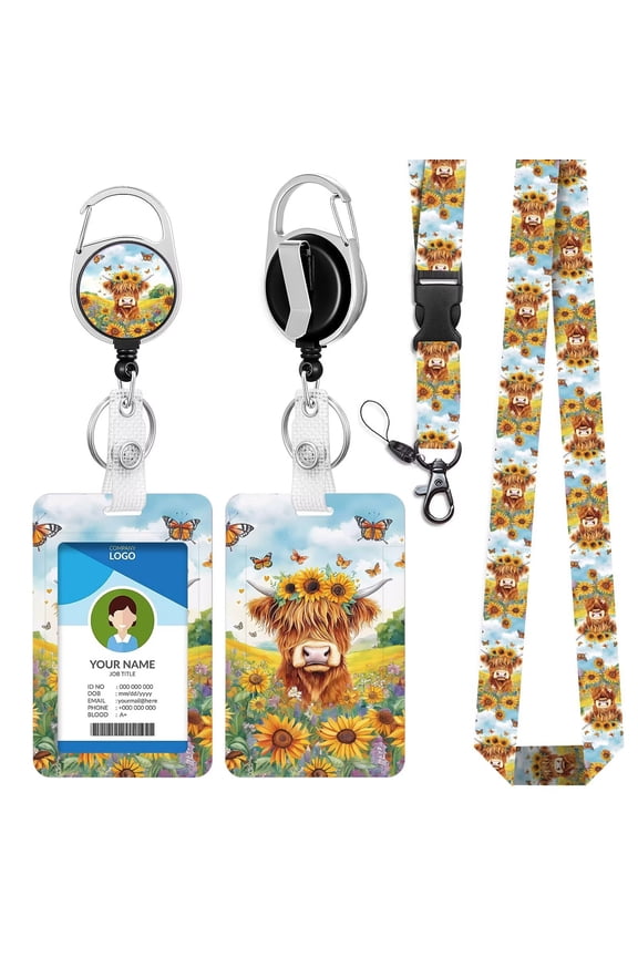 Highland Cows Lanyards with ID Holder Watercolor Butterfly Sunflower ID Badge Holder with Adjustable Breakaway Lanyard Cute Retractable Badge Reel for Teacher Student Nurse Office