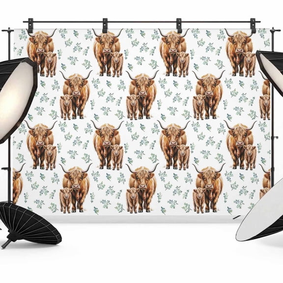 Highland Cows Photography Backdrop 10x8FT, Watercolor Yellow Cow Green Ferns Plant Photo Backdrops, Background for Photography Studio Photo Studio Background, Back Drop for Photoshoot