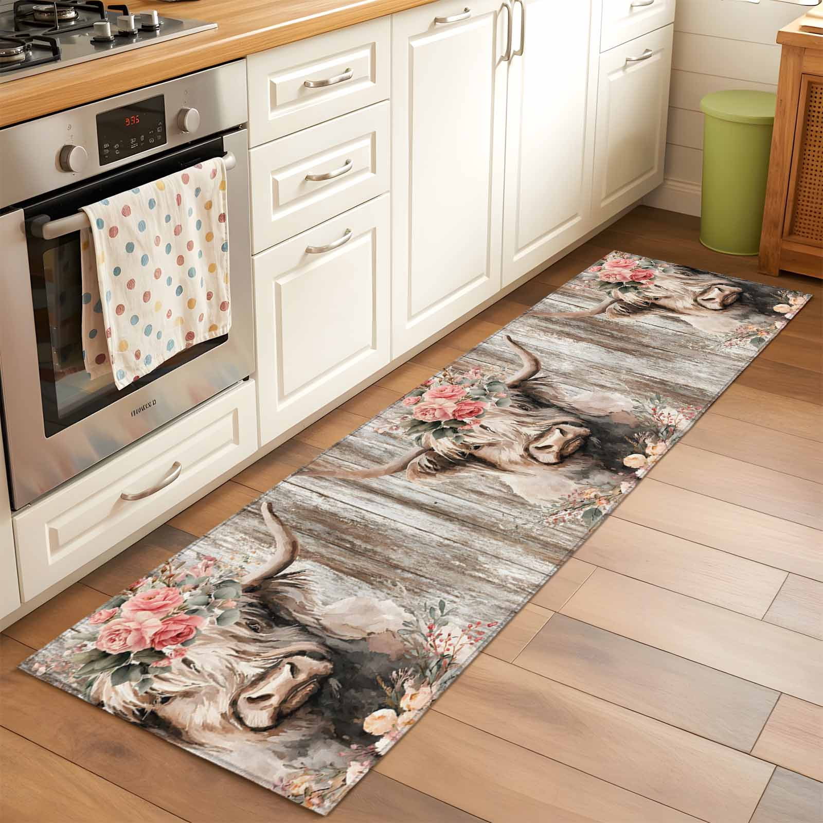 Highland Cows Runner Rugs 2x6 ft Abstract Animal Pink Flower Brown Wood Grain Farm Washable Hallway Rugs Non-Slip Floor Mats Absorbent Carpet Bedside Runners for Bedroom Kitchen Bathroom Laundry Room