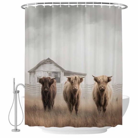 Highland Cows Shower Curtain Set - Small 36" x 72" Washable Bathtub Curtain with 12 Hooks, Farmhouse Animals Barn Fence Retro Waterproof Fabric Stall Shower Curtains for Bathroom/Bathtub Décor