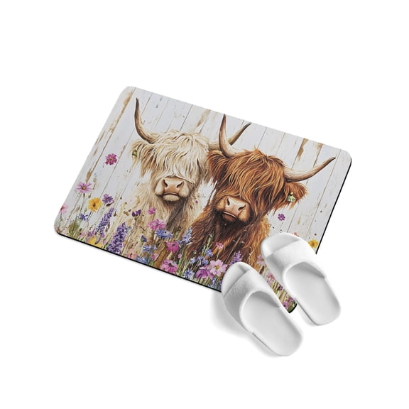 Highland Cows Soft Diatomaceous Earth Mat, Flowers Animals Rustic Farmhouse Absorbent Bath Mat Non Slip Rubber Backed Quick Dry Doormat Fit Under Door for Bathroom Kitchen 24"x36"