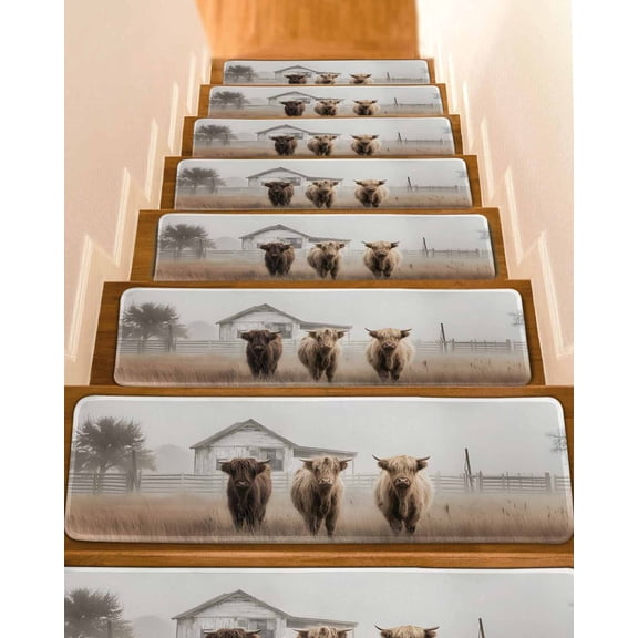Highland Cows Stair Treads Retro Farmhouse Animals Fence Barn Indoor Non Slip Peel and Stick Stair Treads for Wooden Steps 15 PCS, Soft Adhesive Staircase Mats Runner Rugs 8"x30"