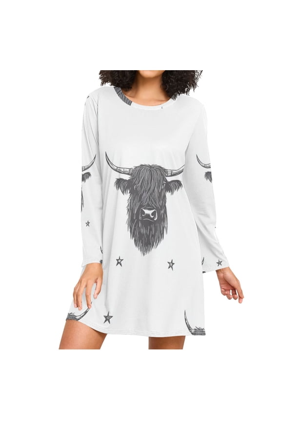 Highland Cows Stars Doodle Art Women's Long Sleeves Nightgowns Sleepwear Soft Pajama A-line Sleep Dress S