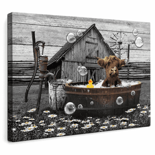 Highland Cows Wall Art Farmhouse Bathroom Decor Wall Pictures Cute Cow Sitting in Bathtub Canvas Print Painting Rustic Cattle Wall Décor for Bathroom Framed Artwork 10x8 inch
