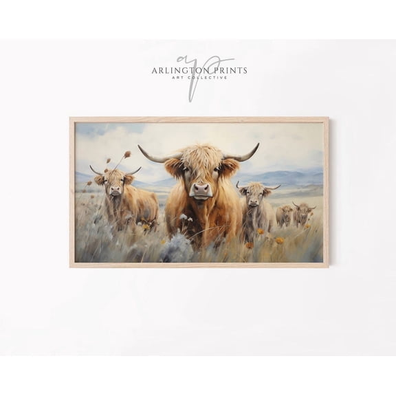 Highland Cows Wildflowers Wall Art Print With Spring Farmhouse Decor
