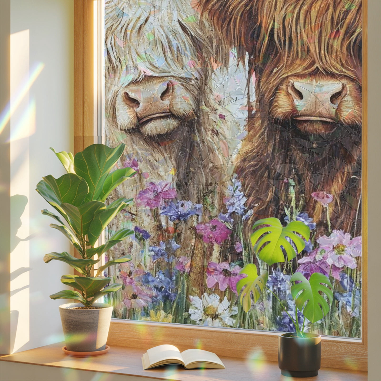 Highland Cows Window Privacy Film, Flowers Animals Rustic Farmhouse ...
