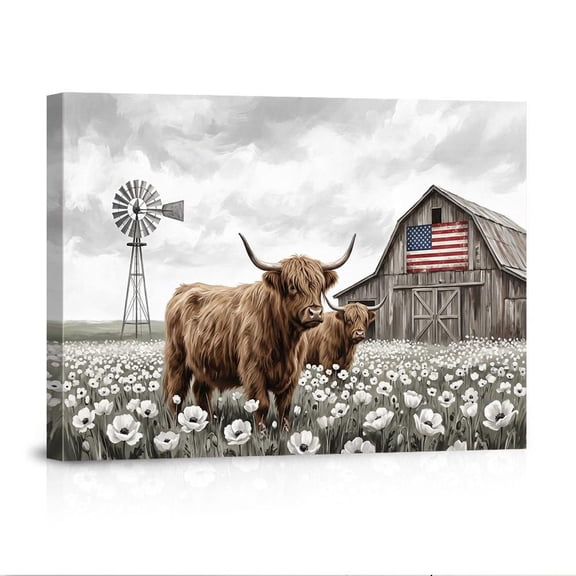 Highland Cows With American Flag Barn Rustic Farmhouse With Windmill Field Home Canvas