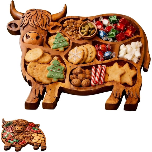 Highland Cute Cow Wooden Charcuterie Board, Wooden Cow Food Platter, Appetizer Board, for Snack Fruit Meat Cheese Home Party Banquet Family Gathering Dining Table Holiday Kitchen