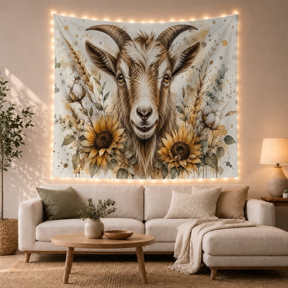 Highland Goat with Sunflowers in Watercolor Meadow, Whimsical Rustic for Animal Lovers, Botanical Wall Art, Housewarming Gift Tapestry Wall Hanging for Bedroom and Living Room