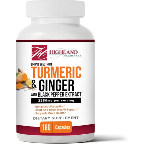 Highland Health Foods Turmeric 2250mg with Ginger Root & Black Pepper Extract 180 Capsules