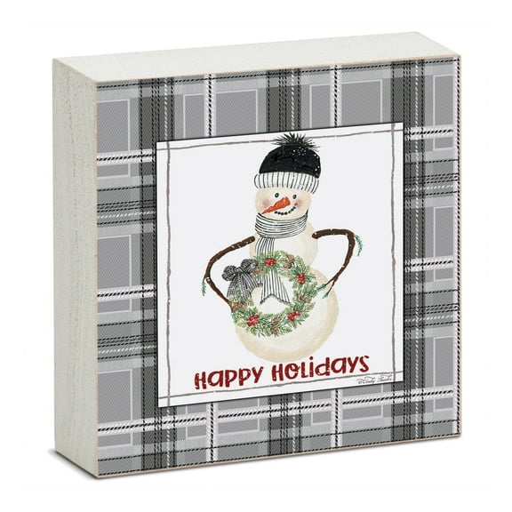 Highland Home "Happy Holidays Snowman" Freestanding Solid Wood Block Sign