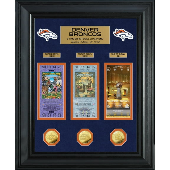 Highland Mint Denver Broncos 3-Time Super Bowl Champions 18'' x 22'' Deluxe Gold Coin Ticket Collection