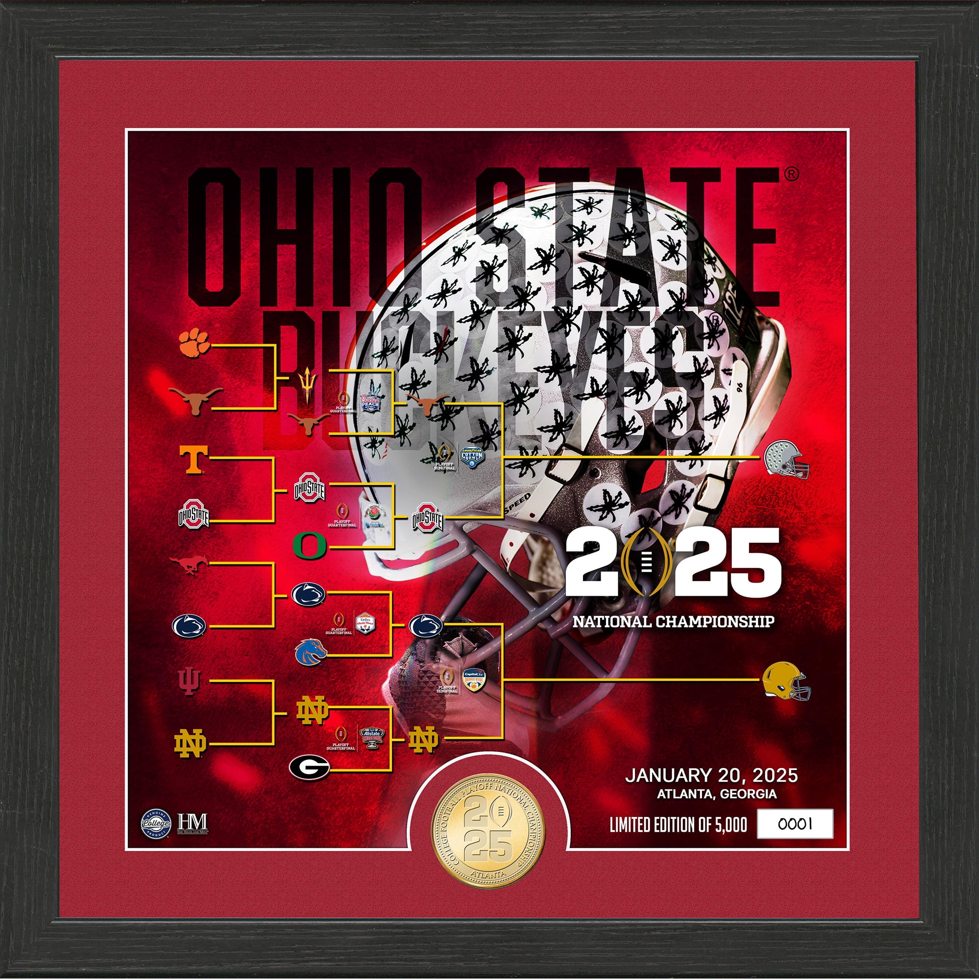 Highland Mint Ohio State Buckeyes College Football Playoff 2025 National Championship Game 13" x 13" Bronze Coin Photo