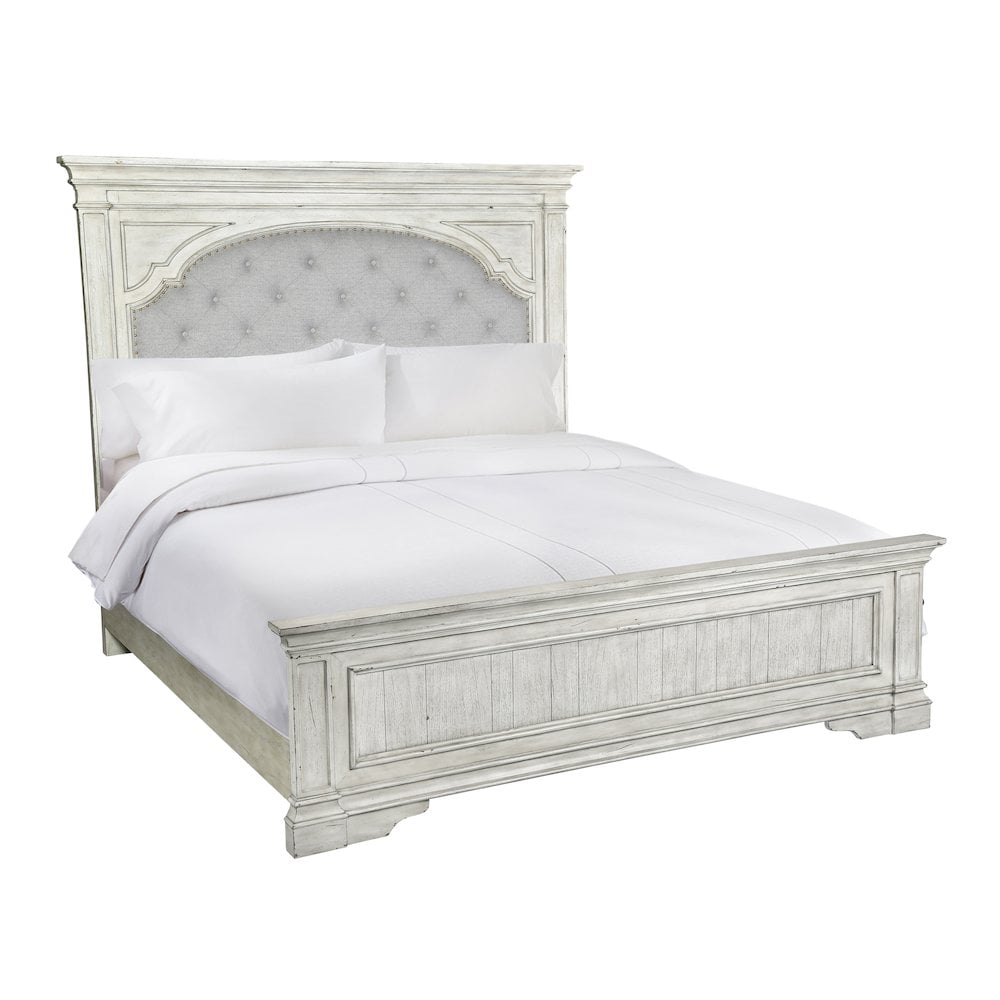 Queen Rustic Ivory Wood Panel Bed with Tufted Headboard