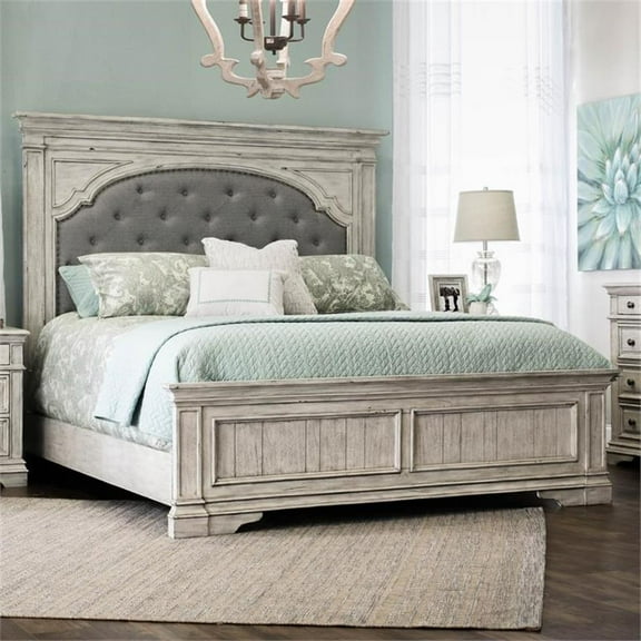 Highland Park Rustic Ivory Wood Upholstered Panel Queen Bed