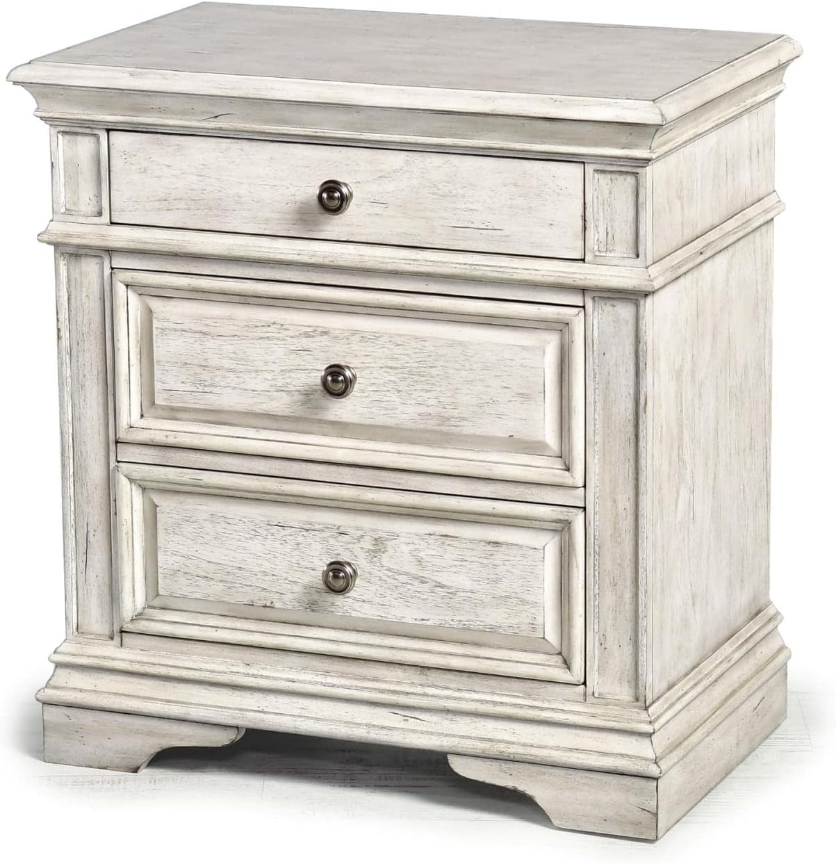 Highland Park Transitional 3-Drawer Nightstand in Distressed Ivory