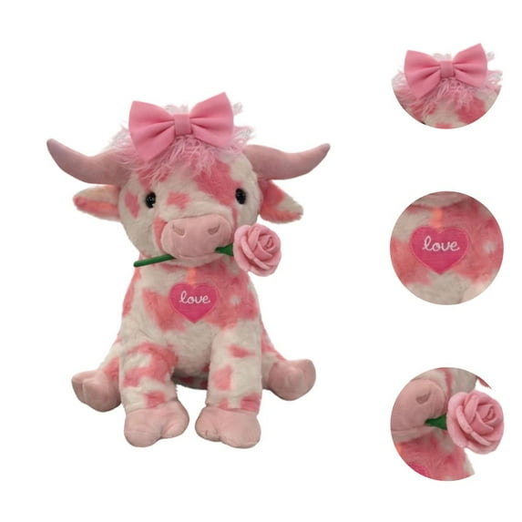 Highland Pink Cow Plush, Valentines Highland Cow Stuffed Animal with Bow& Rose, Adorable Cuddly Plush Pillow, Kawaii Farm Cow Plushies, Perfect Gifts for Kids Collectors Girlfriends Lover
