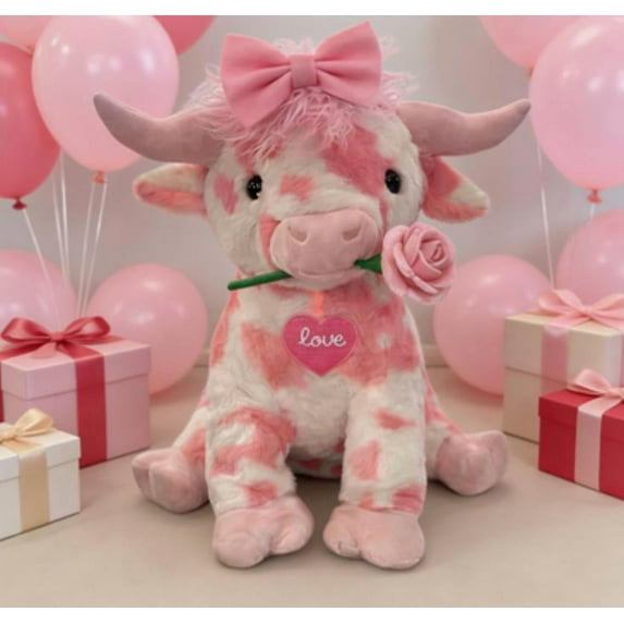 Highland Pink Cow Plush, Valentines Highland Cow Stuffed Animal with Bow& Rose, Spotted Adorable Highland Cow Plush, Scottish Farm Animal Plush, Perfect Gifts for Kids Girlfriends Lover