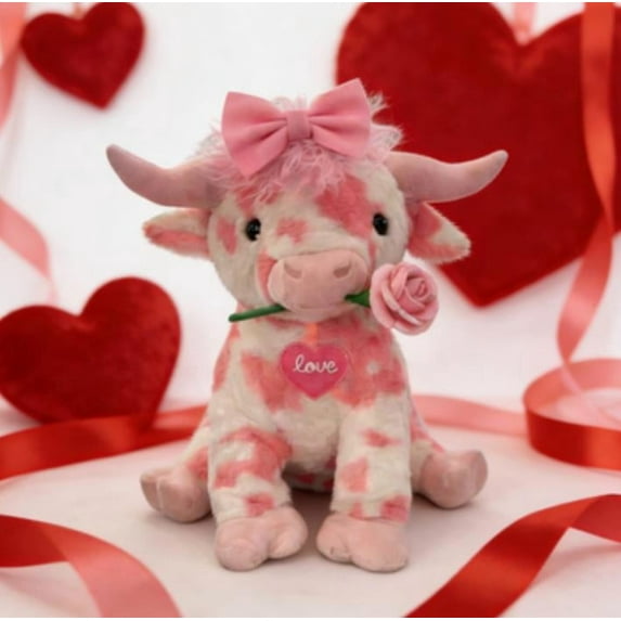 Highland Pink Cow Plush, Valentines Soft Highland Cow Stuffed Animal with Bow& Rose, Kawaii Fluffy Farm Cow Plush, Cute Stuffy Pillow for Kids Adults, Ideal Christmas Gifts for Girlfriends Lover