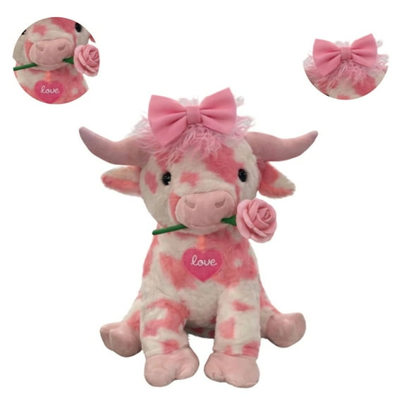 Highland Pink Cow Plush, Valentines Soft Highland Cow Stuffed Animal with Bow& Rose, Kawaii Fluffy Farm Cow Plushies, Stuffed Decor Gifts for Kids Adults Girlfriends Lover