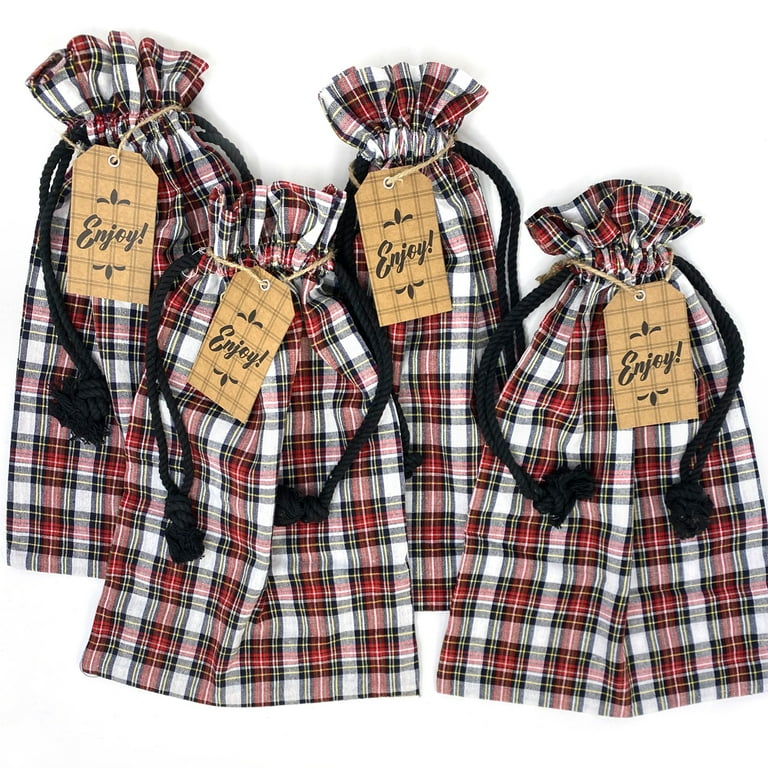 Highland Red Tartan Plaid Large Fabric Gift Bags with Tags 15 x 10 Set of 4 by Marilee Home