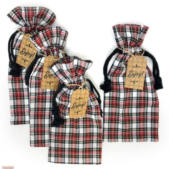 Highland Red Tartan Plaid Wine Fabric Gift Bags with Tags 14" x 6.5" - Set of 4 - by Marilee Home