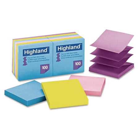 Highland Self-Stick Pop-up Notes, 3" x 3", Assorted Bright Colors, 100 Sheets Per Pad, 12 Pads Per Pack
