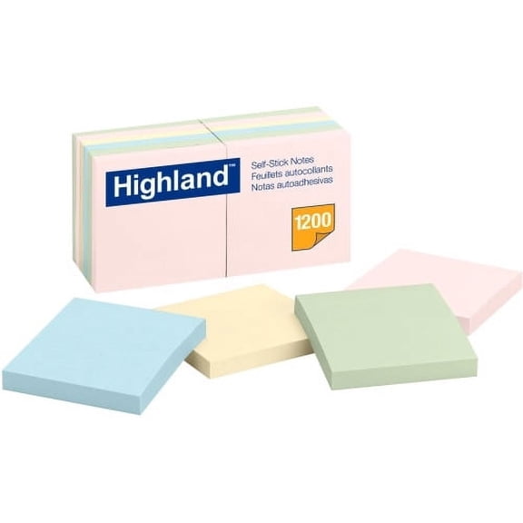 Highland Self-Sticking Notepads 1200 - 3" x 3" - Square - 100 Sheets per Pad - Unruled - Assorted Pastel - Paper - Self-adhesive, Repositionable, Removable - 12 / Pack