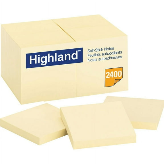 Highland Self-Sticking Notepads - 2400 - 3" x 3" - Square - 100 Sheets per Pad - Unruled - Yellow - Paper - Removable - 24 / Pack | Bundle of 2 Packs