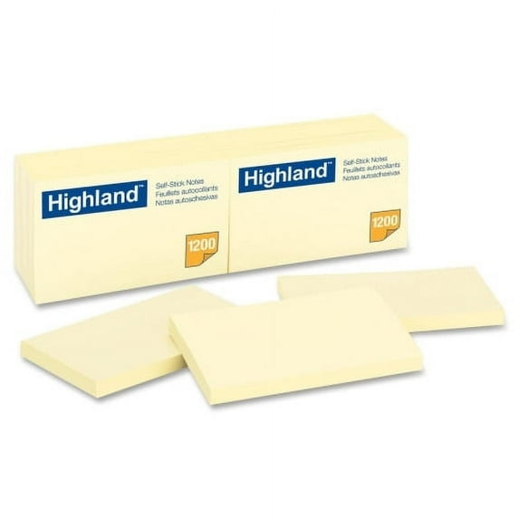 Highland Self-sticking Notepads 1200 - 3" x 5" - Rectangle - 100 Sheets per Pad - Unruled - Yellow - Paper - Self-adhesive, Repositionable - 12 / Pack