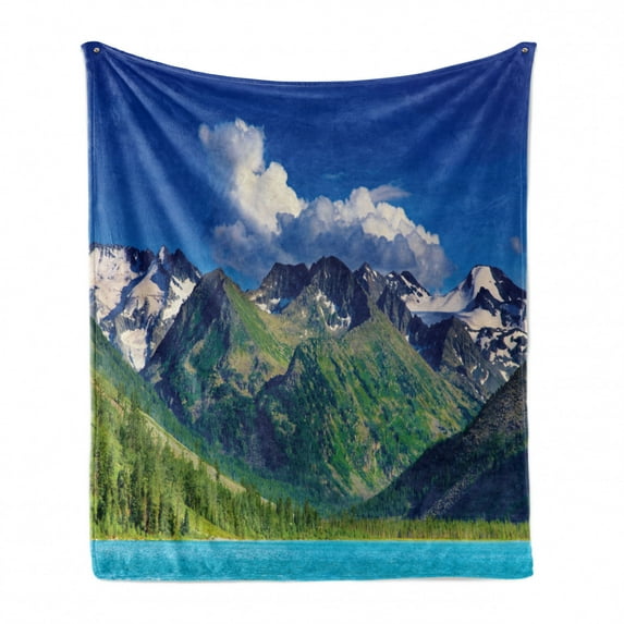 Highland Soft Flannel Fleece Blanket, Lake in Altai Mountains Highlands Clouds Sunny Summer Day Travel Attraction, Cozy Plush for Indoor and Outdoor Use, 70" x 90", Green Blue Aqua, by Ambesonne