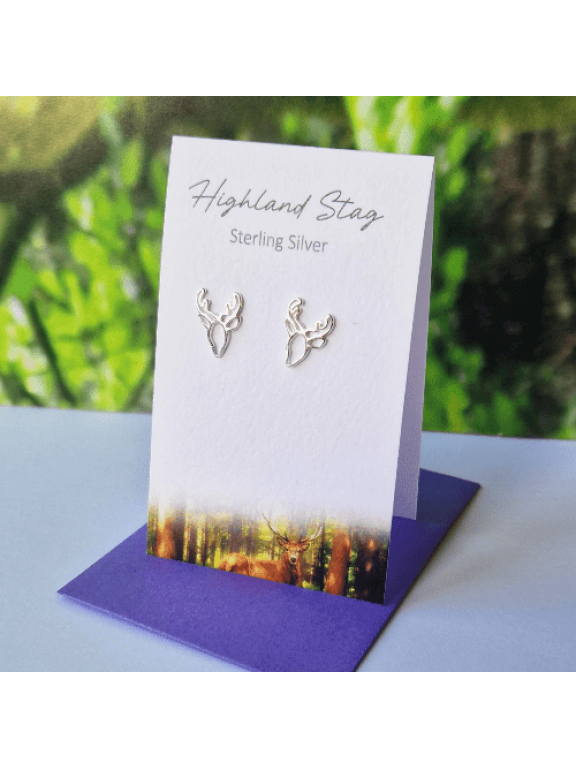 Stud Highland Stag Earrings, Silver, 1