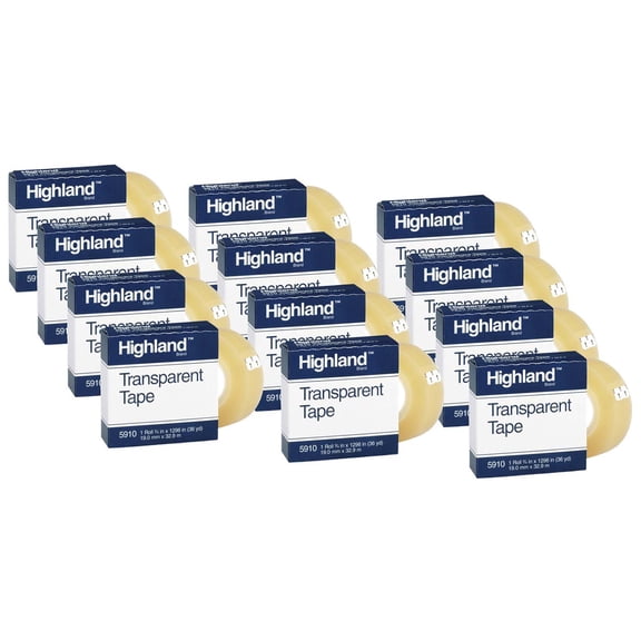 Highland Transparent Tape, 3/4" x 1296", 1" Core, Clear, 12 Rolls