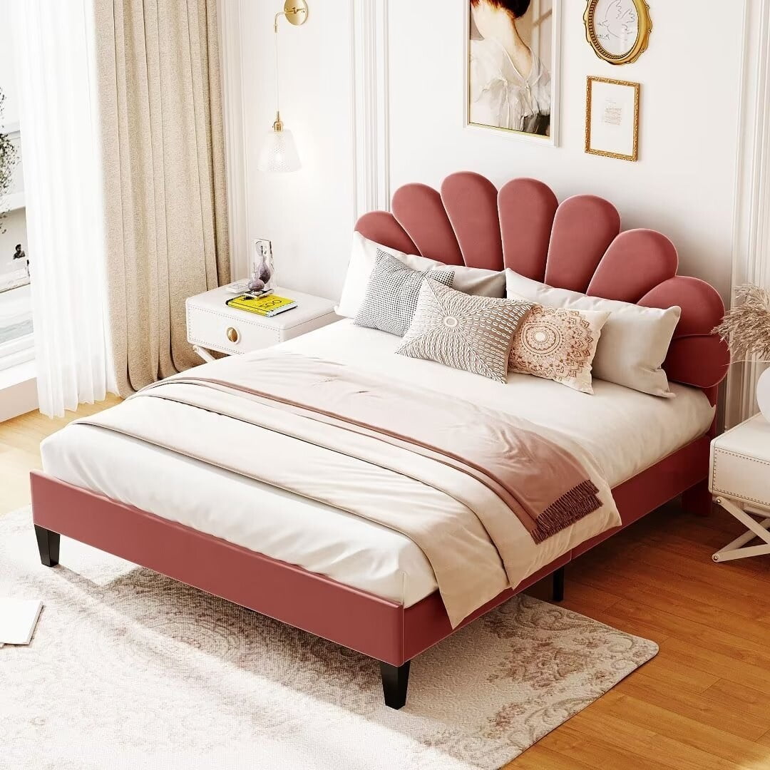 Highland Upholstered Platform Bed with Flower Pattern Velvet Headboard Burgundy Queen