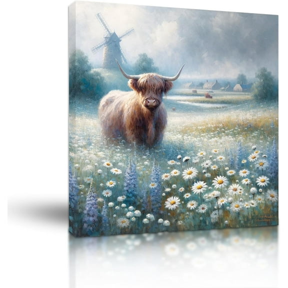 Highland cattle Wall Decor Canvas Art Cartoon Prints watercolor style Pictures Posters Modern Artwork Paintings Home Wall Decoration Kids cute style Bedroom Gift (Unframed, 16x16 inch)