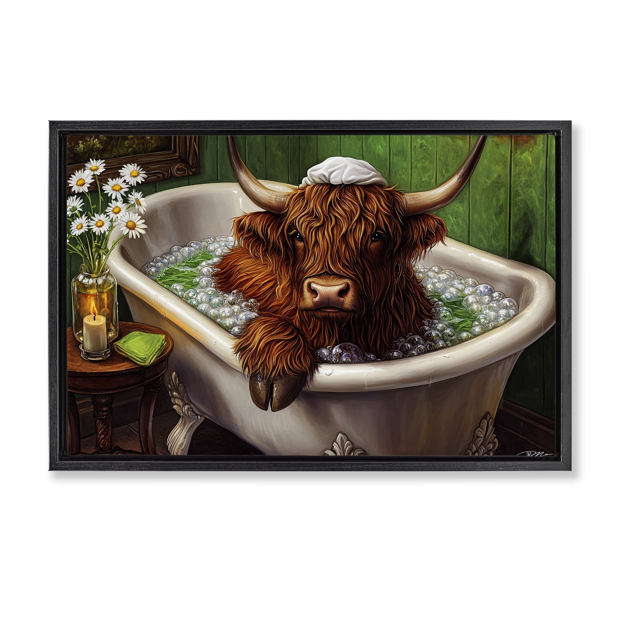 Highland in Candle Lit Bubble Bath Black Framed Floater Canvas Wall Art, design by Momart