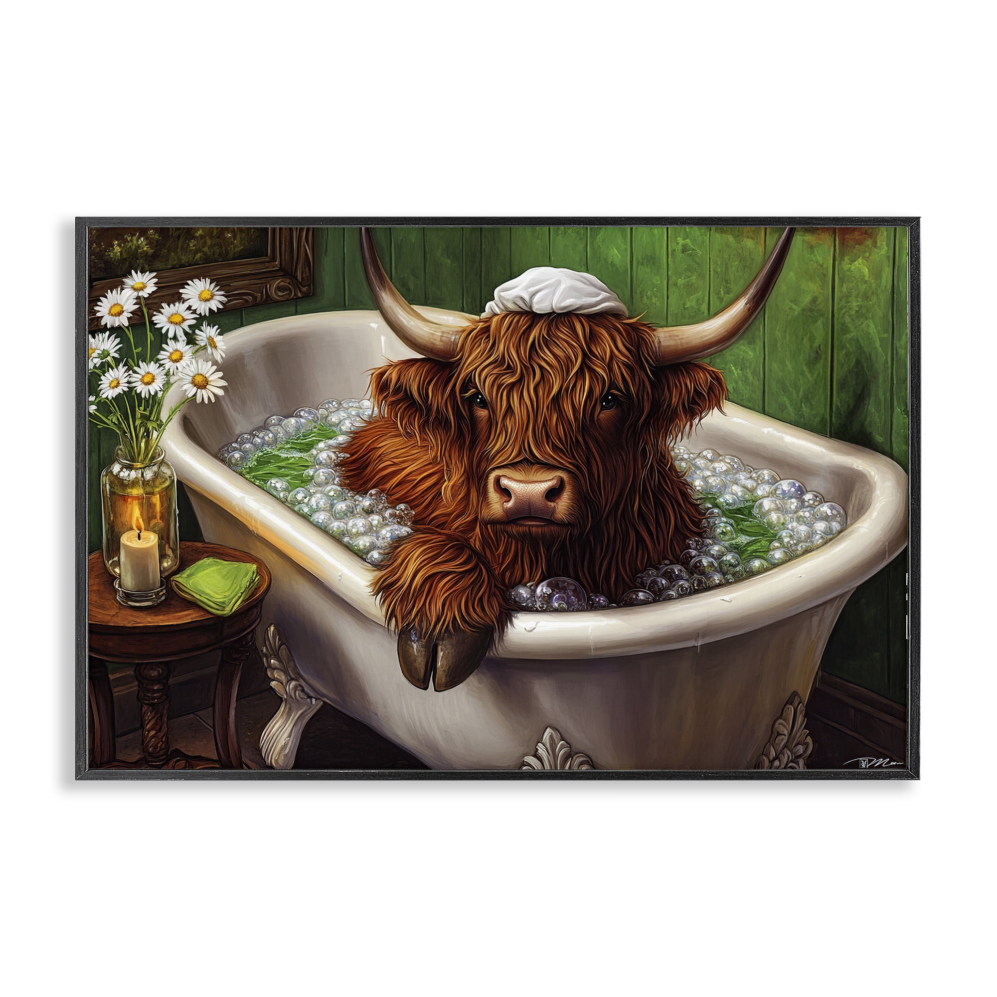 Highland in Candle Lit Bubble Bath Black Framed Giclee Art, design by Momart
