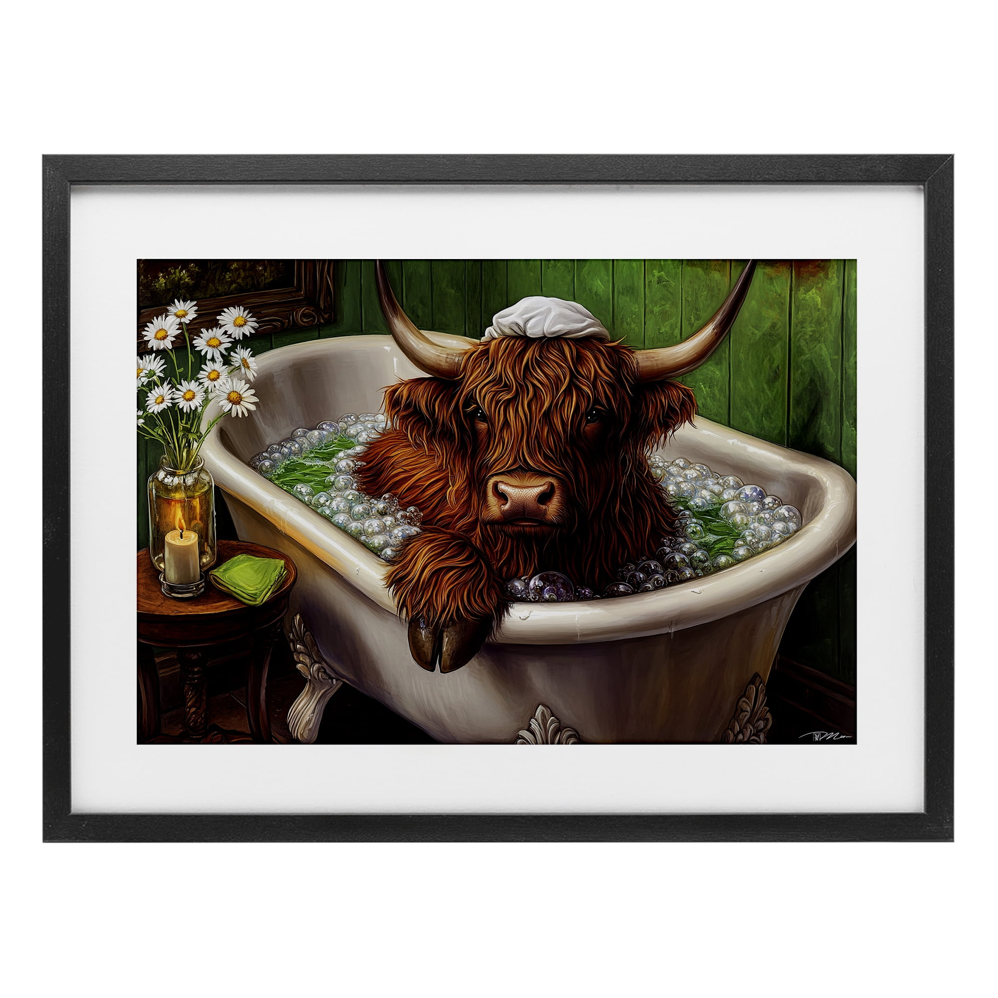 Highland in Candle Lit Bubble Bath Black Framed Print Under Glass, design by Momart