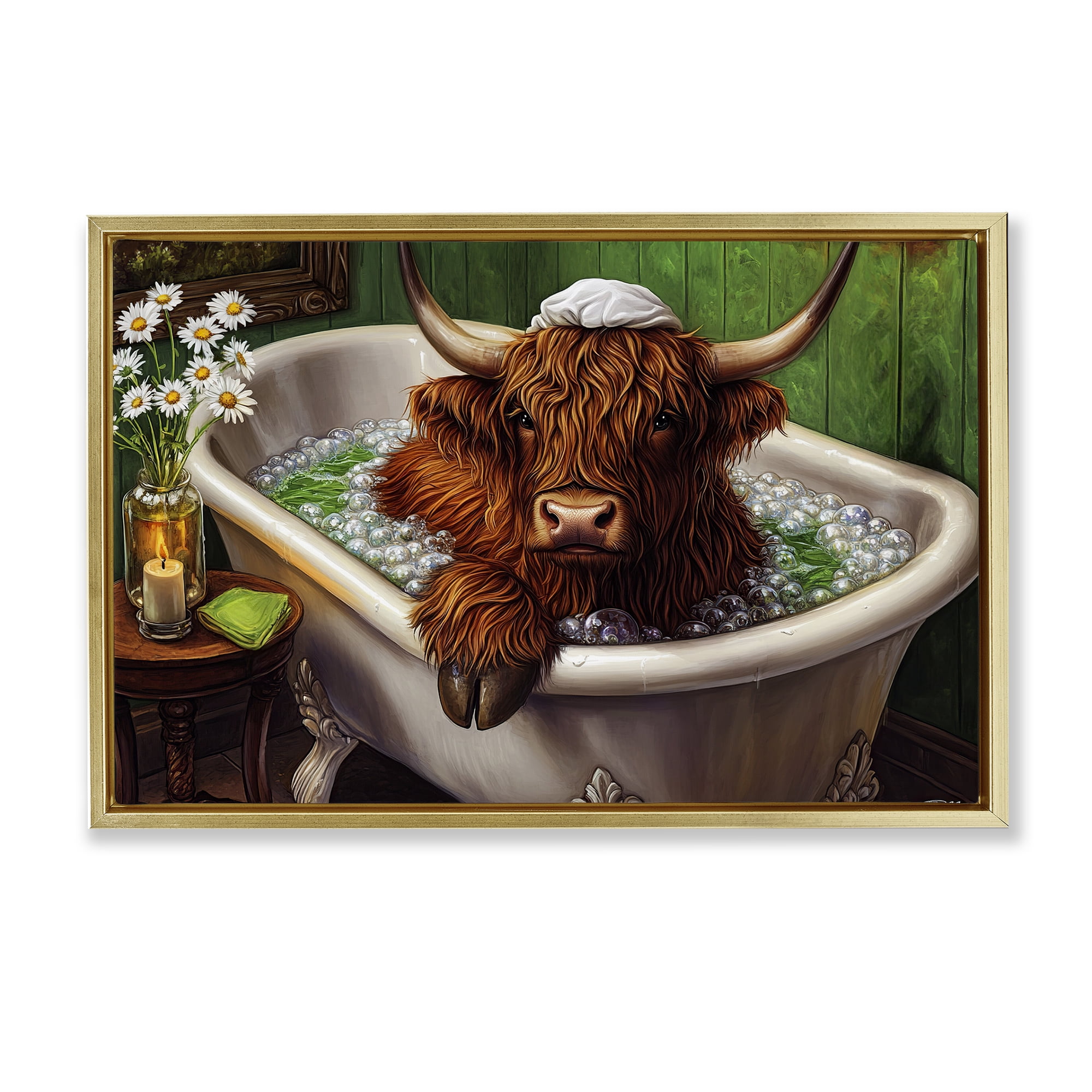Highland in Candle Lit Bubble Bath Gold Framed Floater Canvas Wall Art, design by Momart