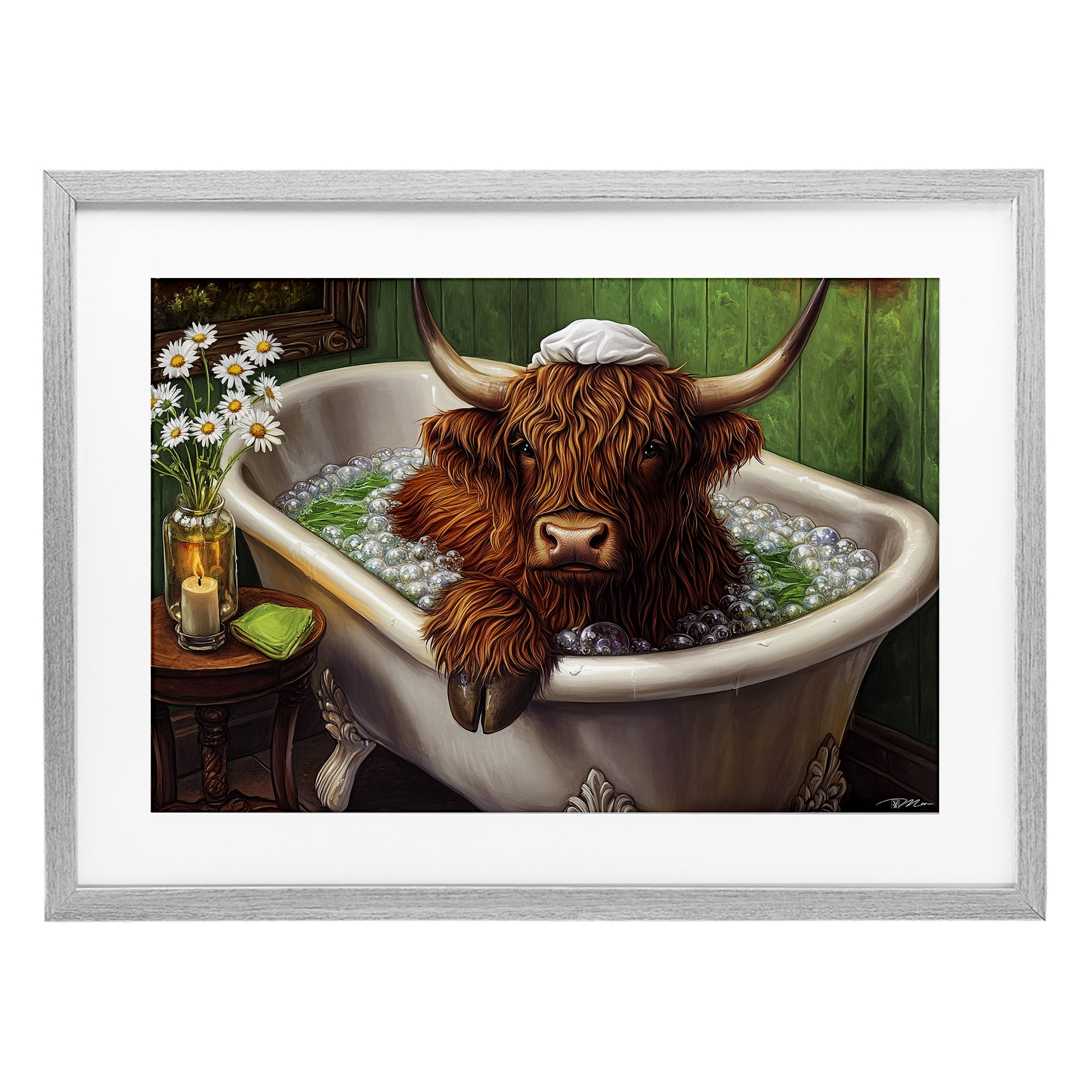 Highland in Candle Lit Bubble Bath Gray Framed Print Under Glass, design by Momart