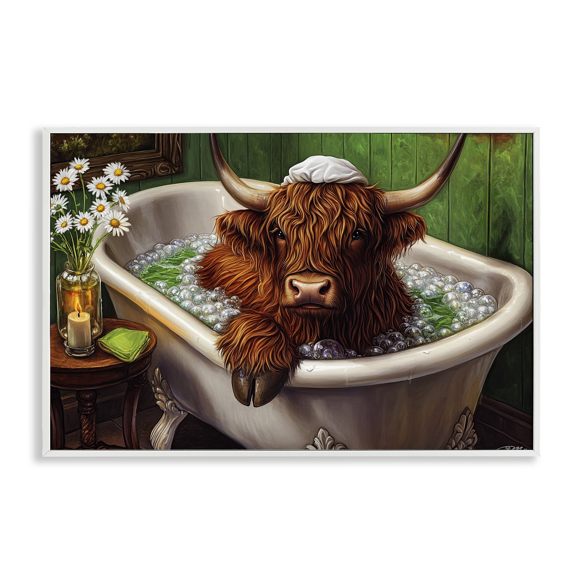 Highland in Candle Lit Bubble Bath White Framed Giclee Art, design by Momart