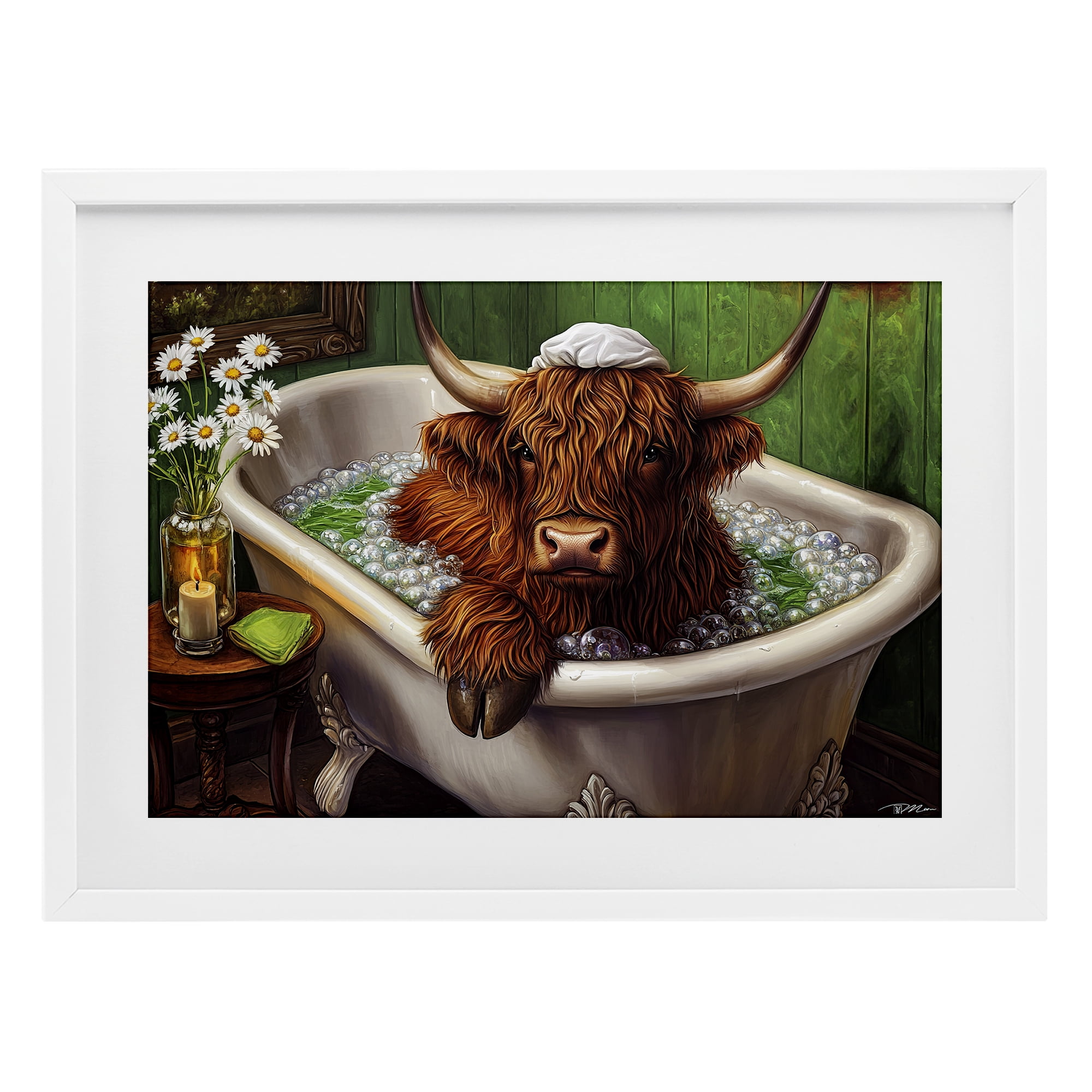 Highland in Candle Lit Bubble Bath White Framed Print Under Glass, design by Momart