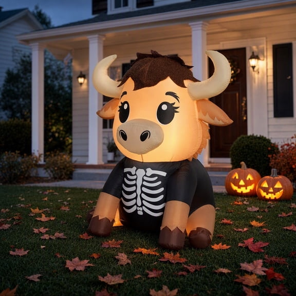 Highlander Cow Airblown Yard Inflatable With Skeleton Shirt, Halloween Blow Up Yard Decorations